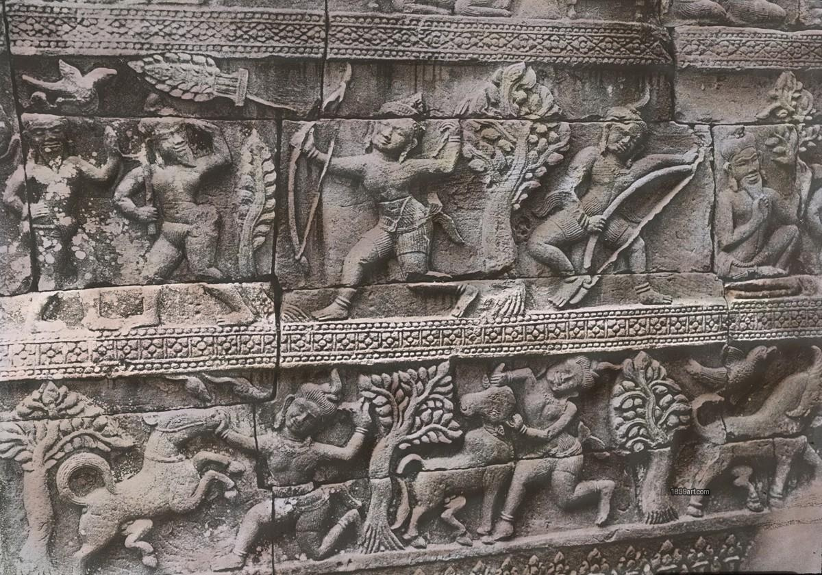 Handcolored stone relief with mythological figures, animals, and stylized trees