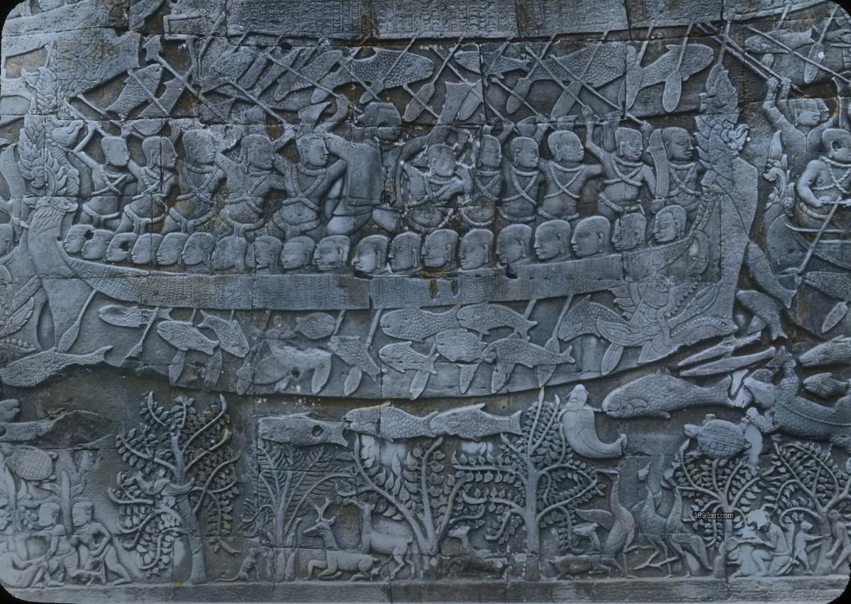 Hand-colored stone relief of crowded boat with fish, trees, and figures