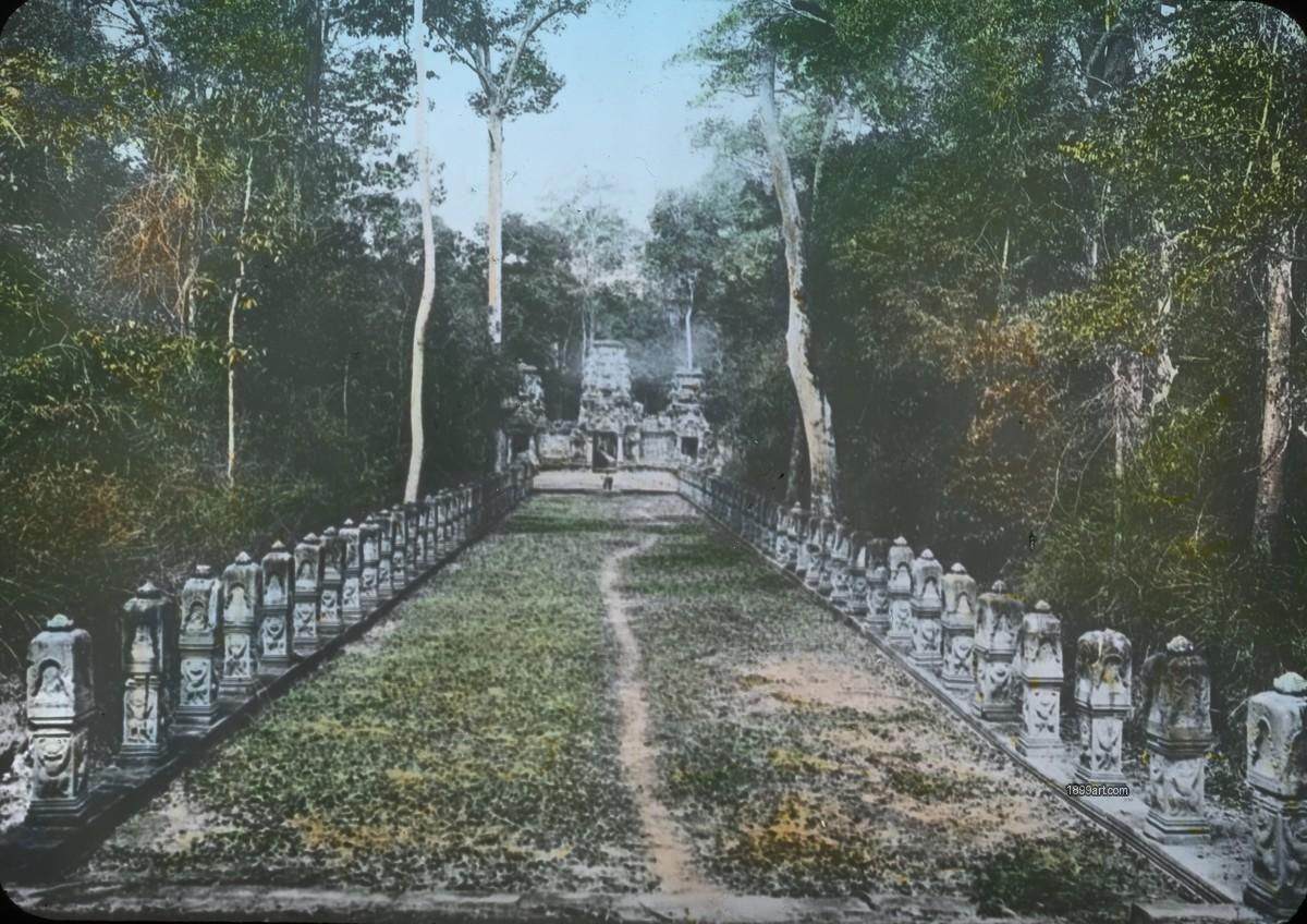 Stone pathway with carved pillars leads to shrine in forest