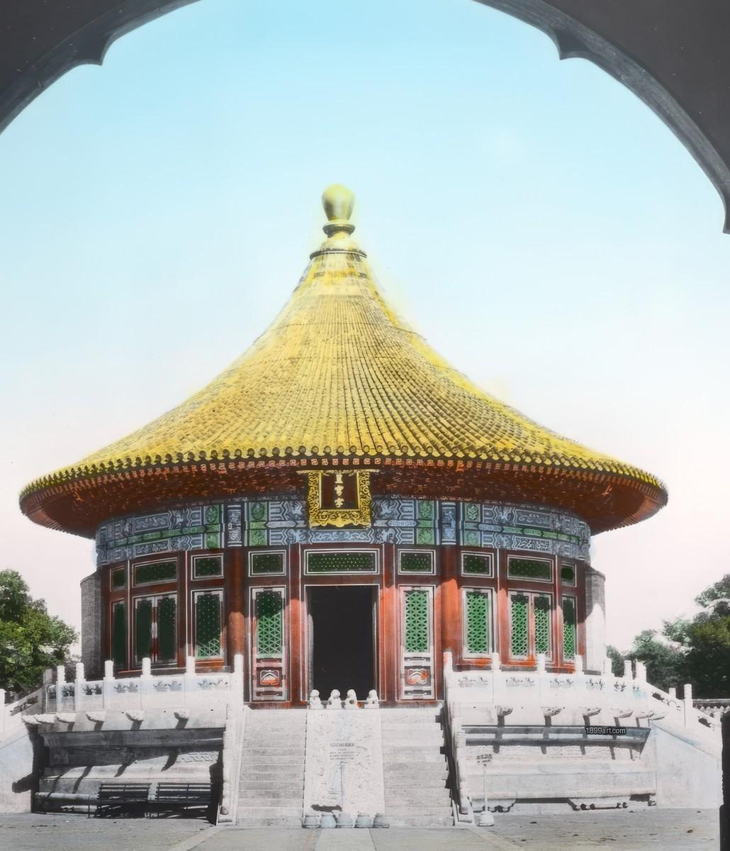Hand-colored pavilion with golden roof, stone steps, and arch framing