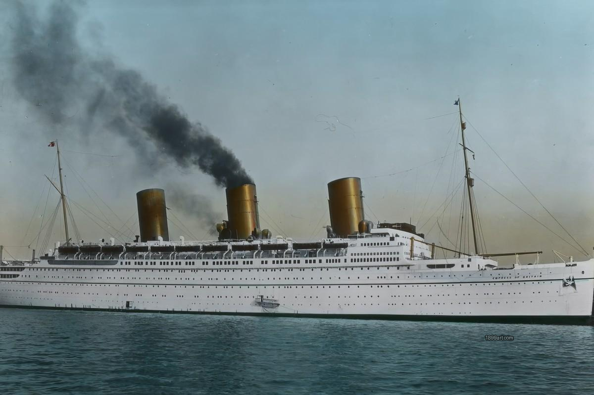 Handcolored ocean liner on calm water, three smokestacks, one smoking