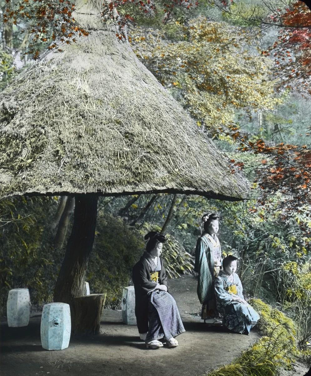 Three women in kimonos beside a thatched shelter in a forest