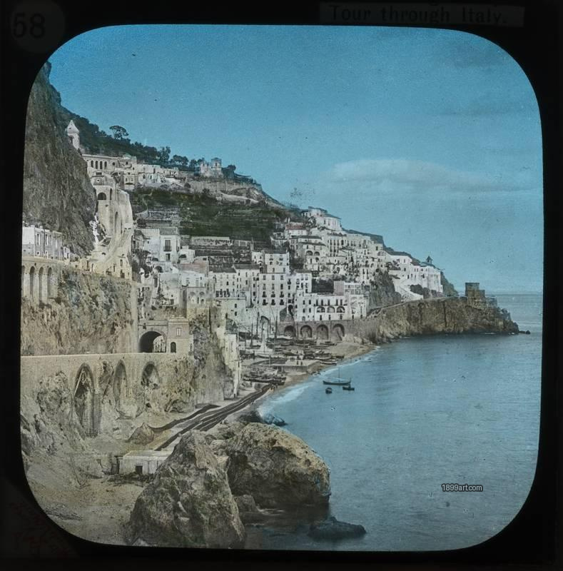 1899art Amalfi View Hand Colored Glass Slide Handcolored 1890s 1899art. Historical photograph from the 1899art Archive.