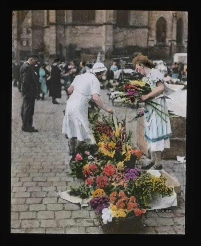 1899art Berlin Winterfeldtplatz Flower Vendors St Matthias C1910 Handcolored Glass Dia Handcolored 1900s 1899art. Historical photograph from the 1899art Archive.