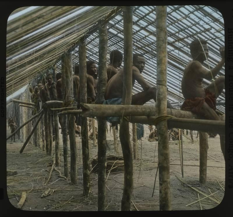 1899art Building a House in the Congo Africa Handcolored 1900s 1899art. Historical photograph from the 1899art Archive.