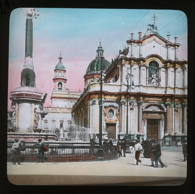 1899art Catania Cathedral Elephant Fountain Piazza Del Duomo View Hand Colored Glass Slide 1900 Handcolored 1900s 1899art. Historical photograph from the 1899art Archive.