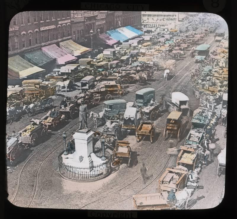1899art Chicago City Street Market Horse Wagons Hand Colored Glass Slide Handcolored 1900s 1899art. Historical photograph from the 1899art Archive.