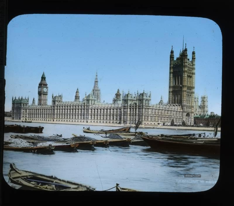 1899art England London Palace of Westminster Thames View Handcolored Glass Slide C1900 Handcolored 1900s 1899art. Historical photograph from the 1899art Archive.
