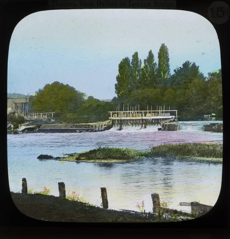 1899art England River Thames Weir and Lock Hand Colored Glass Slide Handcolored 1900s 1899art. Historical photograph from the 1899art Archive.