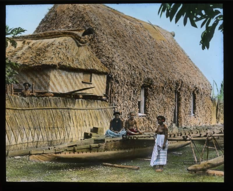1899art Fiji Home and Canoe Handcolored 1900s 1899art. Historical photograph from the 1899art Archive.