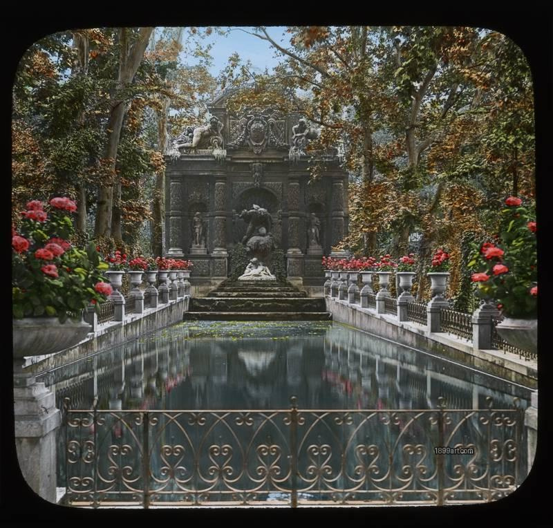 1899art France Paris Fontaine De Medicis Jardin Du Luxembourg Handcolored Magic Lantern Keyston Handcolored 1900s 1899art. Historical photograph from the 1899art Archive.