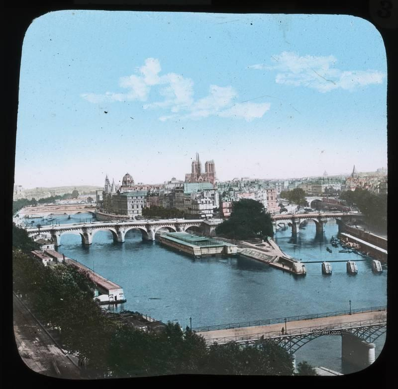 1899art France Paris Seine and City From Top Handcolored 1900s 1899art. Historical photograph from the 1899art Archive.