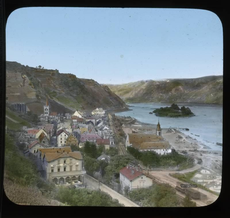 1899art Germany Bacharach Panorama Rhine Valley Handcolored Glass Slide C1900 Handcolored 1900s 1899art. Historical photograph from the 1899art Archive.