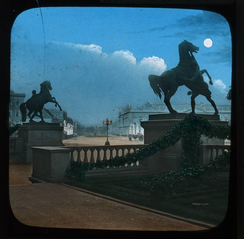 1899art Germany Berlin Imperial Palace Equestrian Statue Night Handcolored 1900s 1899art. Historical photograph from the 1899art Archive.