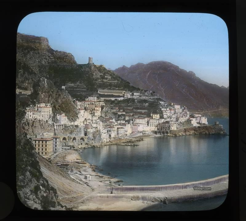 1899art Italy Amalfi Coast Cliffside Town Handcolored Glassdia C1900 Handcolored 1900s 1899art. Historical photograph from the 1899art Archive.