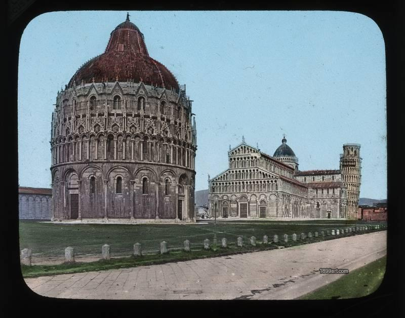 1899art Italy Pisa Piazza Dei Miracoli Baptistery Cathedral Leaning Tower Hand Colored Glass S Handcolored 1900s 1899art. Historical photograph from the 1899art Archive.