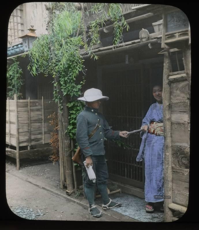 1899art Japan Postman Handing Letter Handcolored 1900s 1899art. Historical photograph from the 1899art Archive.
