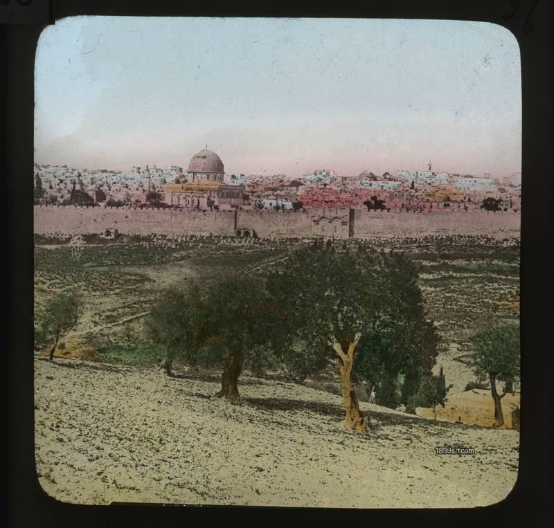 1899art Jerusalem Dome of the Rock View From Mount of Olives Hand Colored Glass Slide Handcolored 1900s 1899art. Historical photograph from the 1899art Archive.