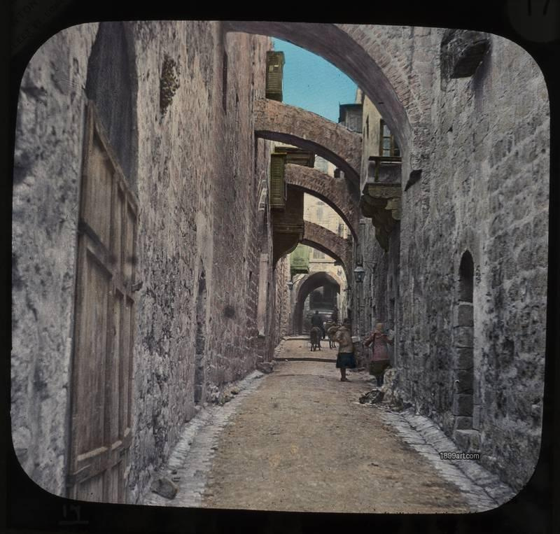1899art Jerusalem Via Dolorosa Old City View Hand Colored Glass Slide Handcolored 1900s 1899art. Historical photograph from the 1899art Archive.
