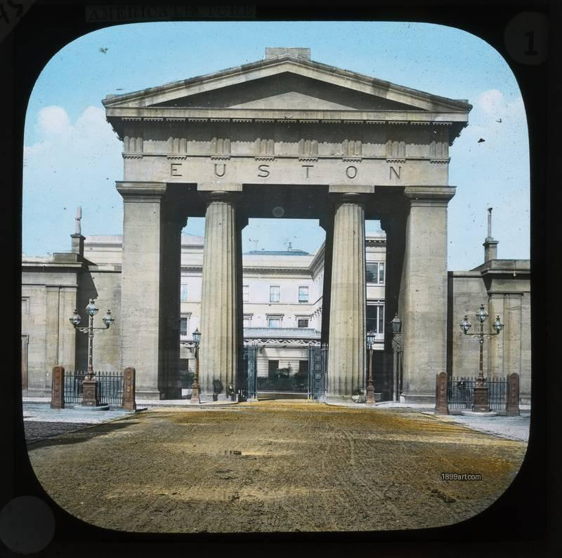 1899art London Euston Arch Euston Station View Hand Colored Glass Slide Handcolored 1900s 1899art. Historical photograph from the 1899art Archive.
