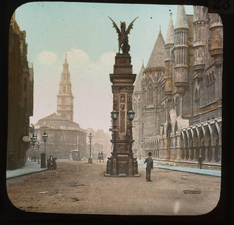 1899art London Temple Bar Memorial Fleet Street Strand View Hand Colored Glass Slide 1900 Handcolored 1900s 1899art. Historical photograph from the 1899art Archive.