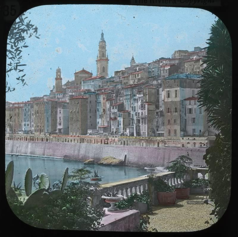 1899art Menton Basilique Saint Michel Archange Old Town Seafront Hand Colored Glass Slide Handcolored 1900s 1899art. Historical photograph from the 1899art Archive.
