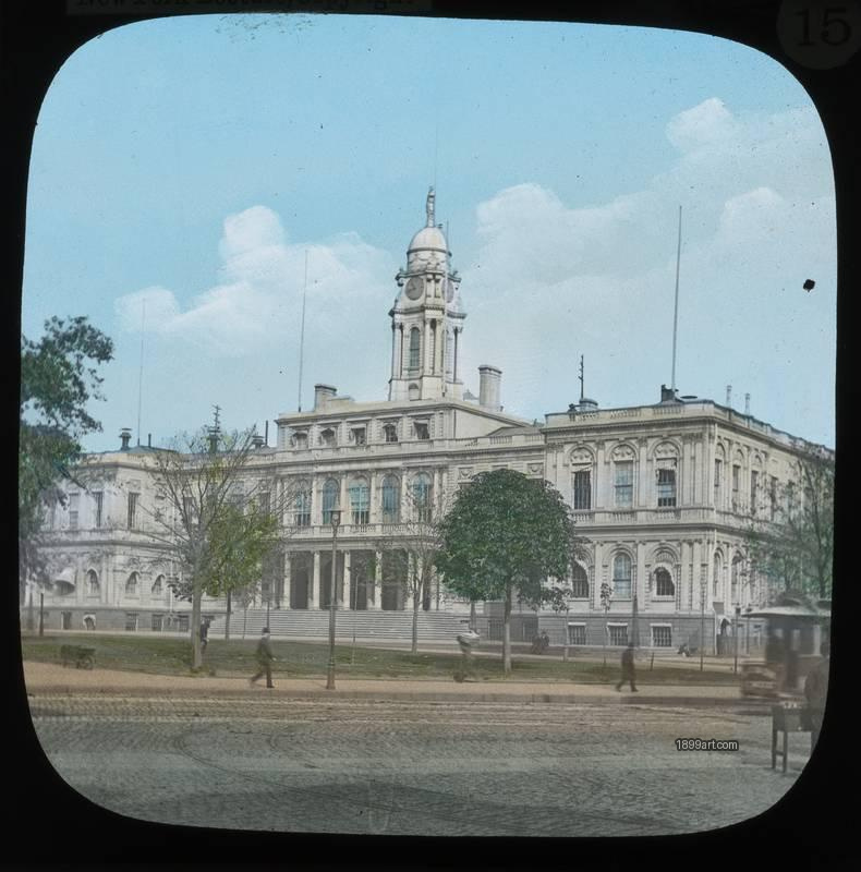 1899art New York City City Hall City Hall Park Civic Center Hand Colored Glass Slide Handcolored 1900s 1899art. Historical photograph from the 1899art Archive.