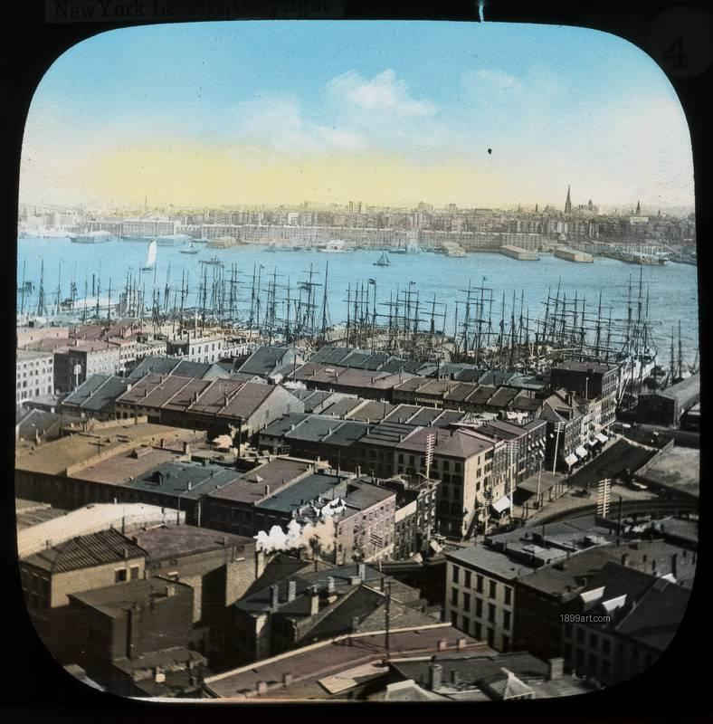 1899art New York City East River Brooklyn Waterfront Manhattan View Hand Colored Glass Slide Handcolored 1900s 1899art. Historical photograph from the 1899art Archive.