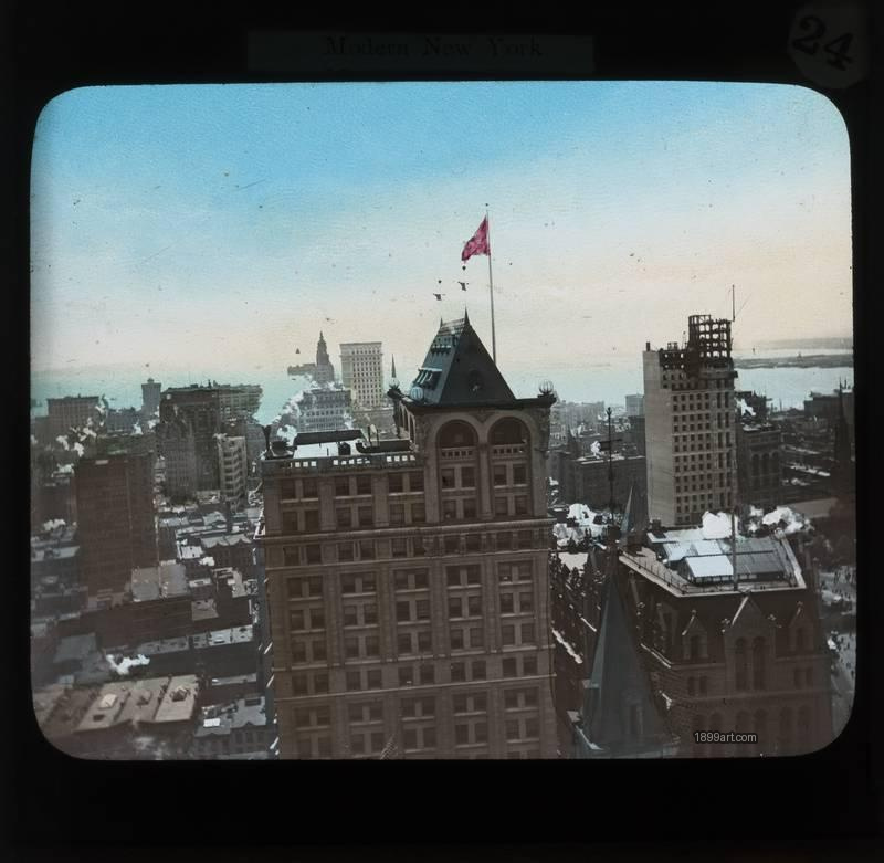 1899art New York City Lower Manhattan New York World Building Panorama Hand Colored Glass Sl Handcolored 1900s 1899art. Historical photograph from the 1899art Archive.
