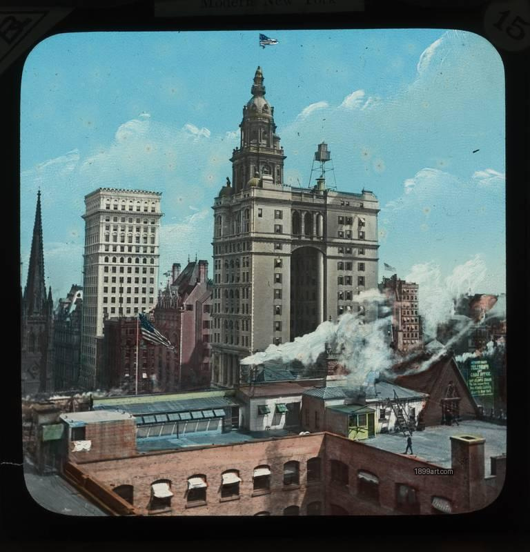 1899art New York City Manhattan Park Row Manhattan Life Insurance Building Hand Colored Glas Handcolored 1900s 1899art. Historical photograph from the 1899art Archive.