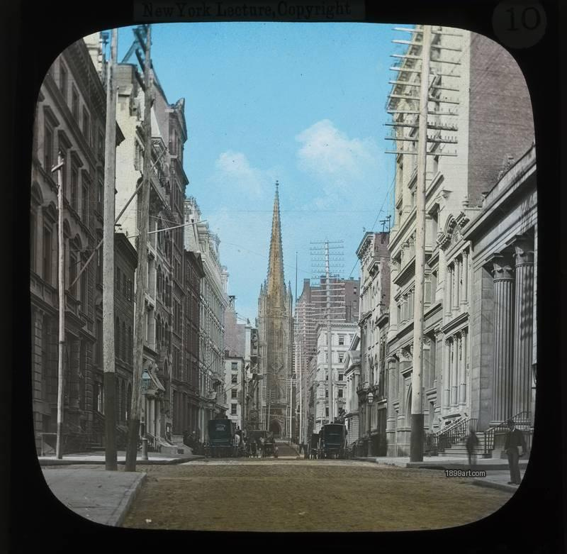 1899art New York City Trinity Church Lower Manhattan Street View Hand Colored Glass Slide Handcolored 1900s 1899art. Historical photograph from the 1899art Archive.