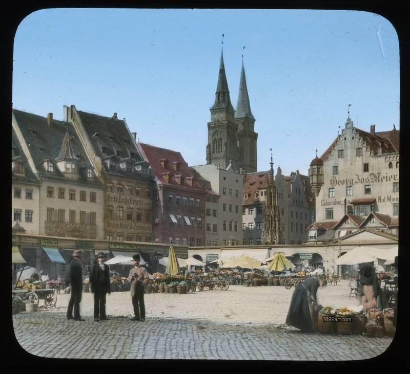 1899art Nuremberg Hauptmarkt Frauenkirche Market Square Handcolored 1900s 1899art. Historical photograph from the 1899art Archive.