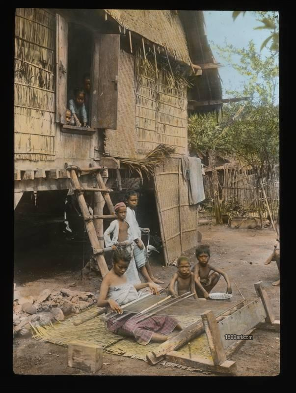 1899art Sumatra Batak Village Children Weaving C1900 Handcolored 1900s 1899art. Historical photograph from the 1899art Archive.
