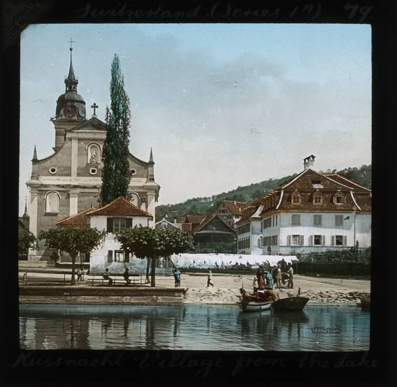 1899art Switzerland Lake Lucerne Nussnach Village From the Lake Hand Colored Glass Slide Handcolored 1900s 1899art. Historical photograph from the 1899art Archive.