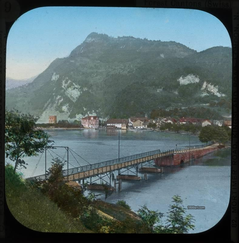 1899art Switzerland Lake Lucerne Urnersee Fluelen Lakeside Bridge Hand Colored Glass Slide Handcolored 1900s 1899art. Historical photograph from the 1899art Archive.