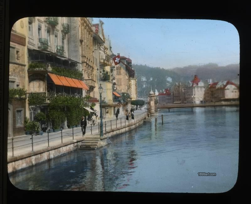 1899art Switzerland Lucerne Lake Lucerne Waterfront Handcolored Glass Slide C1900 Handcolored 1900s 1899art. Historical photograph from the 1899art Archive.