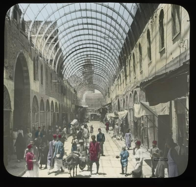 1899art Syria Damascus Straight Street Souq Handcolored Glass Slide C1900 Handcolored 1900s 1899art. Historical photograph from the 1899art Archive.