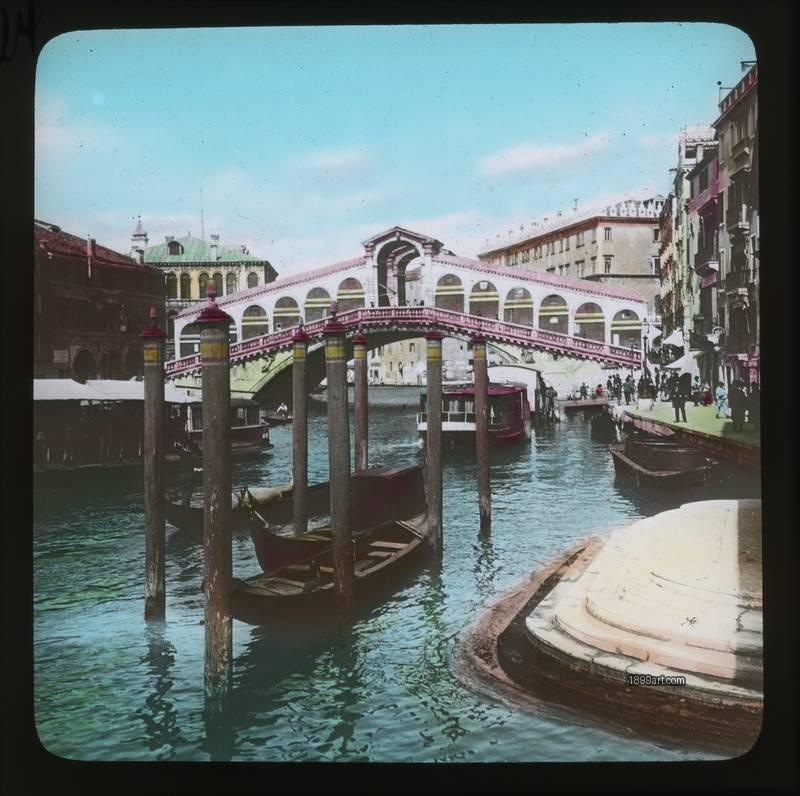 1899art Venice Rialto Bridge Grand Canal View Hand Colored Glass Slide Handcolored 1900s 1899art. Historical photograph from the 1899art Archive.