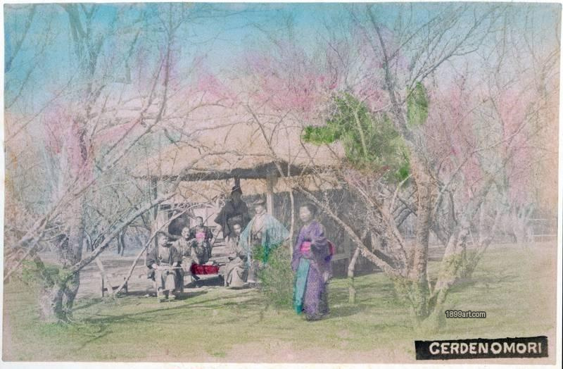 1899art Japan Garden Gathering under Blossoming Trees, c. 1890 Handcolored 1899art. Historical photograph from the 1899art Archive.