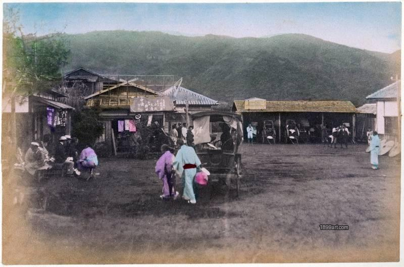 1899art Japan Rural Street Scene with Jinrikisha and Shops Handcolored 1900s 1899art. Historical photograph from the 1899art Archive.