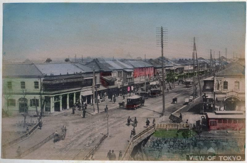 1899art Japan View of Tokyo – Main Street with Tramlines and Telegraph Poles, c. 1890 Handcolored 1899art. Historical photograph from the 1899art Archive.