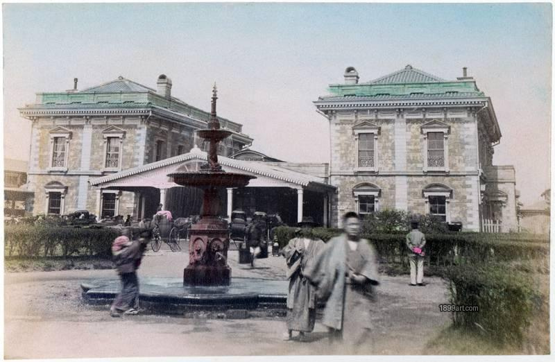 1899art Japan Yokohama Railway Station, c. 1890 with Fountain Handcolored 1899art. Historical photograph from the 1899art Archive.