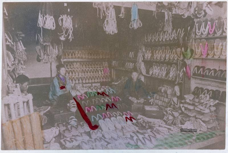 1899art Japan Sandal Shop Interior with Zōri and Geta, c. 1900 Handcolored 1899art. Historical photograph from the 1899art Archive.