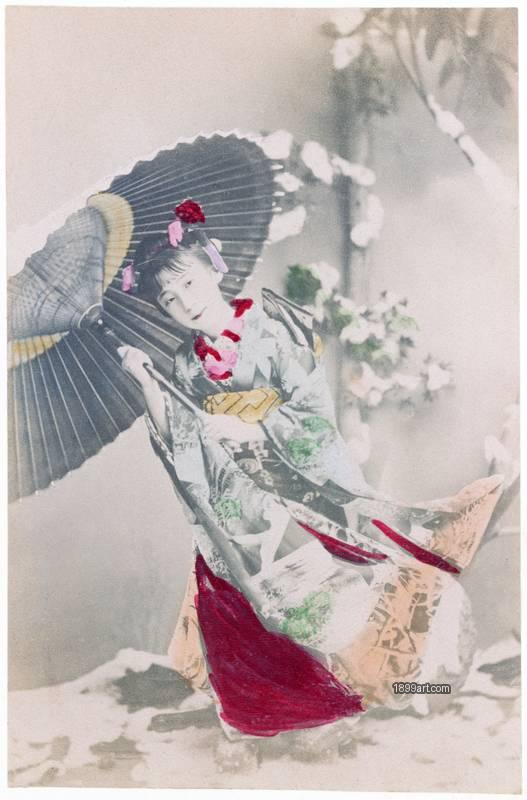 1899art Beauty in Snow – Young Maiko with Parasol Japan, c. 1890–1900 1899art. Historical photograph from the 1899art Archive.