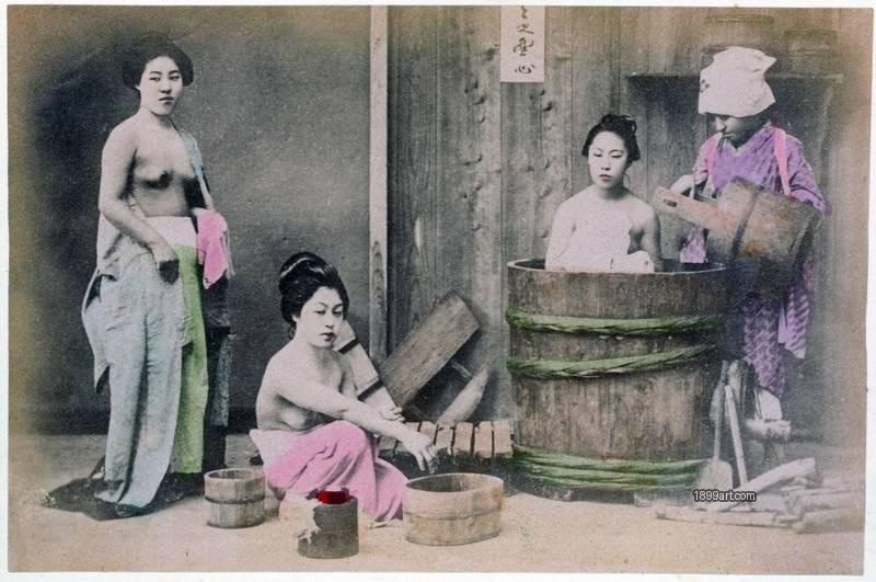 1899art Home Bathing (B 1098) Three Japanese Women Bathing Handcolored 1900s Kimbei 1899art. Historical photograph from the 1899art Archive.