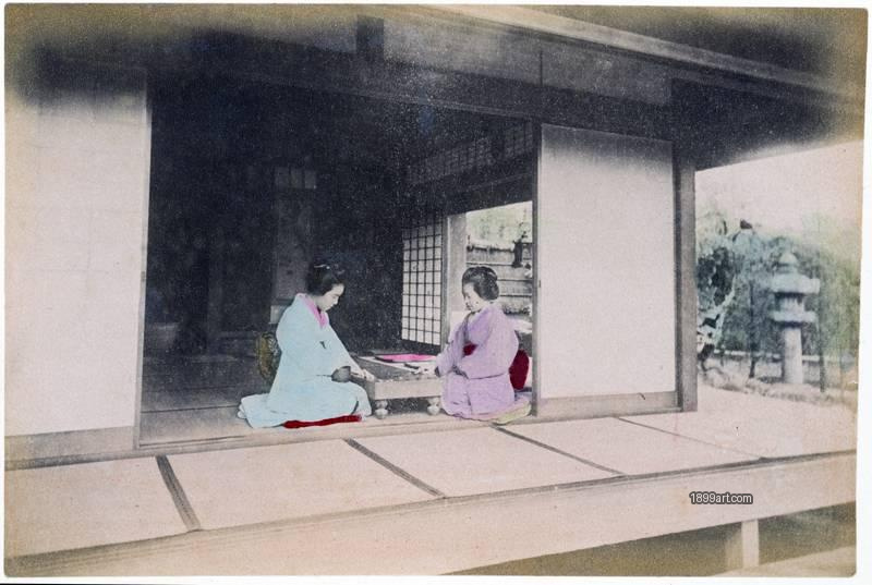 1899art Japan B 277 – Two Maiko Playing Go at Okano Garden, Meguro, Tokyo Handcolored 1900s 1899art. Historical photograph from the 1899art Archive.