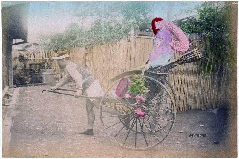 1899art Woman in a Rickshaw with Parasol, Japan (Yokohama School), c. 1890–1900 Handcolored 1899art. Historical photograph from the 1899art Archive.