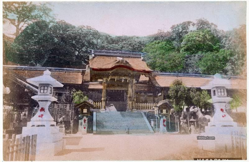 1899art Osuwa Shrine (Osuwa-Ten), Nagasaki — Shrine Entrance with Stone Lanterns, c. 1890–1900 Handcolored 1899art. Historical photograph from the 1899art Archive.