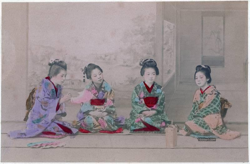 1899art Group of Four Maiko Seated Indoors Japan, c. 1890s Handcolored 1899art. Historical photograph from the 1899art Archive.