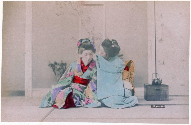 1899art Two Maiko Sharing a Private Moment Japan, c. 1890s Indoors Handcolored 1899art. Historical photograph from the 1899art Archive.
